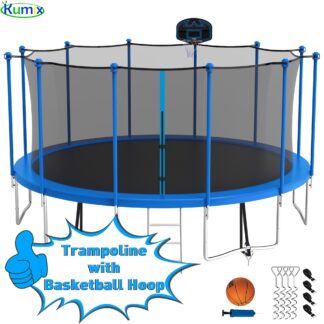 Kumix Trampoline 1500LBS 16 15 14 12 FT Trampoline for 7-8 Kids and Adults, Windproof Outdoor Trampoline with Enclosure Net, Basketball Hoop, Easy to Install & Last Long