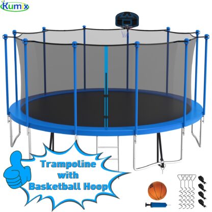 Kumix Trampoline 1500LBS 16 15 14 12 FT Trampoline for 7-8 Kids and Adults, Windproof Outdoor Trampoline with Enclosure Net, Basketball Hoop, Easy to Install & Last Long