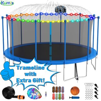 Kumix Trampoline 1500LBS 16 15 14 12 FT Trampoline for 7-8 Kids and Adults, Windproof Outdoor trampoline with Enclosure Net, Basketball Hoop, Lights, Easy to Install & Last Long