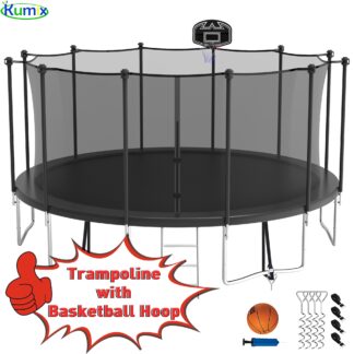 Kumix Trampoline 1500LBS 16 15 14 12 FT Trampoline for 7-8 Kids and Adults, Windproof Outdoor Trampoline with Enclosure Net, Basketball Hoop, Easy to Install & Last Long
