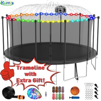 Kumix Trampoline 1500LBS 16 15 14 12 FT Trampoline for 7-8 Kids and Adults, Windproof Outdoor trampoline with Enclosure Net, Basketball Hoop, Lights, Easy to Install & Last Long
