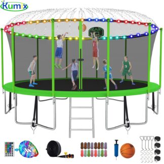 Kumix Trampoline 1500LBS 16 FT Trampoline for 7-10 Kids and Adults, Windproof Outdoor trampoline with Enclosure Net, Basketball Hoop, Lights, Easy to Install & Last Long