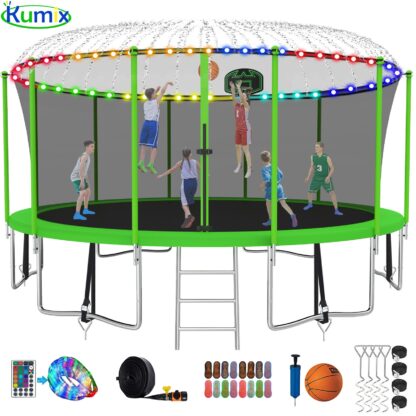 Kumix Trampoline 1500LBS 16 FT Trampoline for 7-10 Kids and Adults, Windproof Outdoor trampoline with Enclosure Net, Basketball Hoop, Lights, Easy to Install & Last Long