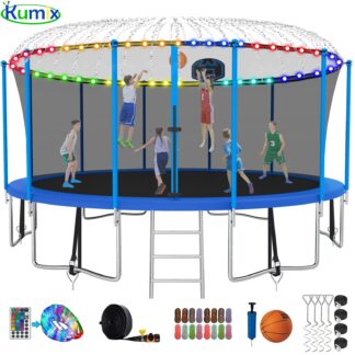 Kumix Trampoline 1500LBS 16 FT Trampoline for 7-10 Kids and Adults, Windproof Outdoor trampoline with Enclosure Net, Basketball Hoop, Lights, Easy to Install & Last Long
