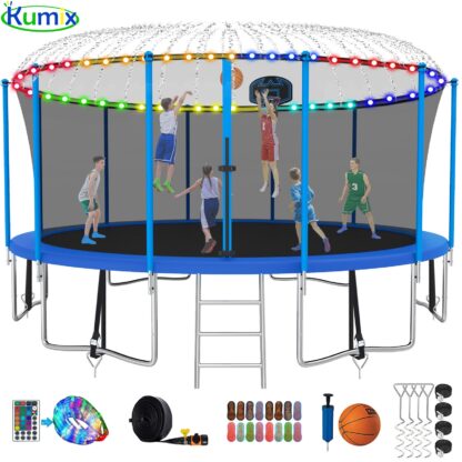 Kumix Trampoline 1500LBS 16 FT Trampoline for 7-10 Kids and Adults, Windproof Outdoor trampoline with Enclosure Net, Basketball Hoop, Lights, Easy to Install & Last Long