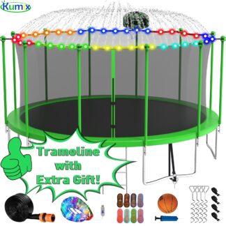 Kumix Trampoline 1500LBS 16 15 14 12 FT Trampoline for 7-10 Kids and Adults, Windproof Outdoor trampoline with Enclosure Net, Basketball Hoop, Lights, Easy to Install & Last Long