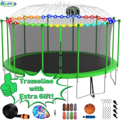 Kumix Trampoline 1500LBS 16 15 14 12 FT Trampoline for 7-10 Kids and Adults, Windproof Outdoor trampoline with Enclosure Net, Basketball Hoop, Lights, Easy to Install & Last Long