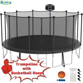 Kumix Trampoline 1500LBS 16 15 14 12 FT Trampoline for 7-10 Kids and Adults, Windproof Outdoor Trampoline with Enclosure Net, Basketball Hoop, Easy to Install & Last Long