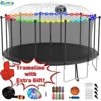 Kumix Trampoline 1500LBS 16 15 14 12 FT Trampoline for 7-10 Kids and Adults, Windproof Outdoor trampoline with Enclosure Net, Basketball Hoop, Lights, Easy to Install & Last Long