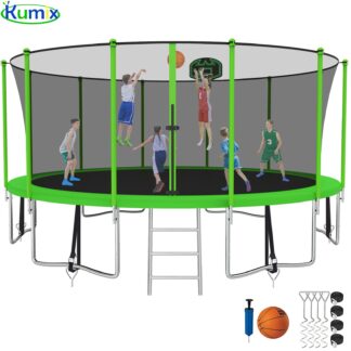 Kumix Trampoline 1500LBS 16 FT Trampoline for 7-10 Kids and Adults, Windproof Outdoor Trampoline with Enclosure Net, Basketball Hoop, Easy to Install & Last Long