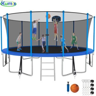 Kumix Trampoline 1500LBS 16 FT Trampoline for 7-10 Kids and Adults, Windproof Outdoor Trampoline with Enclosure Net, Basketball Hoop, Easy to Install & Last Long