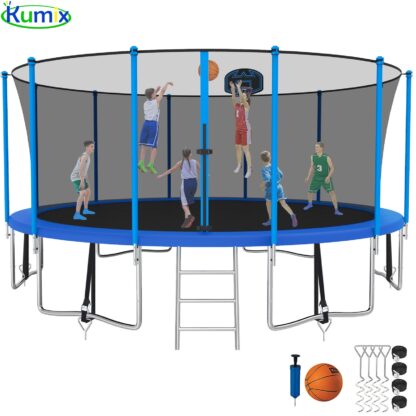 Kumix Trampoline 1500LBS 16 FT Trampoline for 7-10 Kids and Adults, Windproof Outdoor Trampoline with Enclosure Net, Basketball Hoop, Easy to Install & Last Long