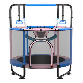 Kumix 60'' Trampoline for Kids, 440LBS Indoor/Outdoor Trampoline with Enclosure, Basketball Hoop, Mini Toddler Trampoline with Swings, Adjustable Bars and Rings, Gifts for Kids, Toddler, Boys & Girls