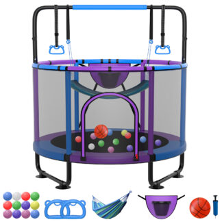 Kumix Trampolines for Kids 60'', Mini Trampoline for Toddlers with Enclosure, Swings, Basketball Hoop, Adjustable Bars and Rings, 400LBS No-Gap Indoor/Outdoor Small Trampoline for Boys & Girls Gifts