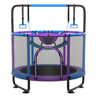Kumix 60'' Trampoline for Kids, 440LBS Indoor/Outdoor Trampoline with Enclosure, Basketball Hoop, Mini Toddler Trampoline with Swings, Adjustable Bars and Rings, Gifts for Kids, Toddler, Boys & Girls