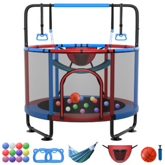 Kumix Trampolines for Kids 60'', Mini Trampoline for Toddlers with Enclosure, Swings, Basketball Hoop, Adjustable Bars and Rings, 400LBS No-Gap Indoor/Outdoor Small Trampoline for Boys & Girls Gifts