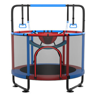 Kumix 60'' Trampoline for Kids, 440LBS Indoor/Outdoor Trampoline with Enclosure, Basketball Hoop, Mini Toddler Trampoline with Swings, Adjustable Bars and Rings, Gifts for Kids, Toddler, Boys & Girls