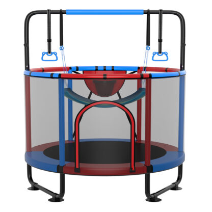 Kumix 60'' Trampoline for Kids, 440LBS Indoor/Outdoor Trampoline with Enclosure, Basketball Hoop, Mini Toddler Trampoline with Swings, Adjustable Bars and Rings, Gifts for Kids, Toddler, Boys & Girls