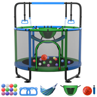Kumix Trampolines for Kids 60'', Mini Trampoline for Toddlers with Enclosure, Swings, Basketball Hoop, Adjustable Bars and Rings, 400LBS No-Gap Indoor/Outdoor Small Trampoline for Boys & Girls Gifts