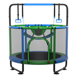 Kumix 60'' Trampoline for Kids, 440LBS Indoor/Outdoor Trampoline with Enclosure, Basketball Hoop, Mini Toddler Trampoline with Swings, Adjustable Bars and Rings, Gifts for Kids, Toddler, Boys & Girls