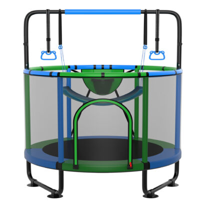 Kumix 60'' Trampoline for Kids, 440LBS Indoor/Outdoor Trampoline with Enclosure, Basketball Hoop, Mini Toddler Trampoline with Swings, Adjustable Bars and Rings, Gifts for Kids, Toddler, Boys & Girls