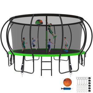 Kumix Trampoline 15FT, 1500LBS Trampoline for 8-9 Kids/4-5 Adults, Outdoor Trampoline with Enclosure, Basketball Hoop, Wind Stakes, Heavy Duty Galvanized Anti-Rust Coating Trampoline