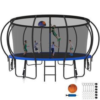Kumix Trampoline 15FT, 1500LBS Trampoline for 8-9 Kids/4-5 Adults, Outdoor Trampoline with Enclosure, Basketball Hoop, Wind Stakes, Heavy Duty Galvanized Anti-Rust Coating Trampoline