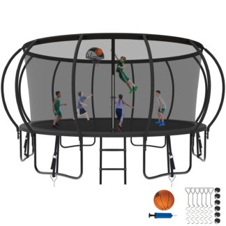 Kumix Trampoline 15FT, 1500LBS Trampoline for 8-9 Kids/4-5 Adults, Outdoor Trampoline with Enclosure, Basketball Hoop, Wind Stakes, Heavy Duty Galvanized Anti-Rust Coating Trampoline