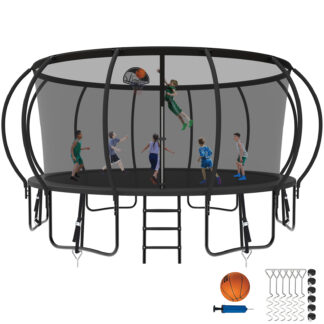 Kumix Trampoline 16FT, 1500LBS Trampoline for 5-6 Adults/ 8-10 Kids, Trampoline with Enclosure, Basketball Hoop, Wind Stakes, Ladder, Outdoor Heavy Duty Galvanized Full Spray Pumpkin Trampoline