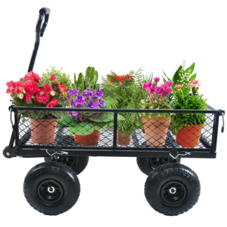 Kumix Wagon Cart, Foldable Garden Cart with Big Wheels, 650LBS Capacity, Utility Wagon with Mesh Metal Frame & Removable Sides, Black Garden Wagon, Heavy Duty Folding Metal Wagons for Yard