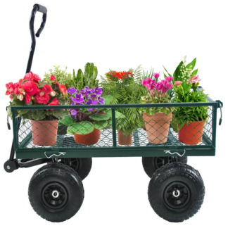Kumix Wagon Cart, Foldable Garden Cart with Big Wheels, 650LBS Capacity, Utility Wagon with Mesh Metal Frame & Removable Sides, Green Garden Wagon, Heavy Duty Folding Metal Wagons for Yard