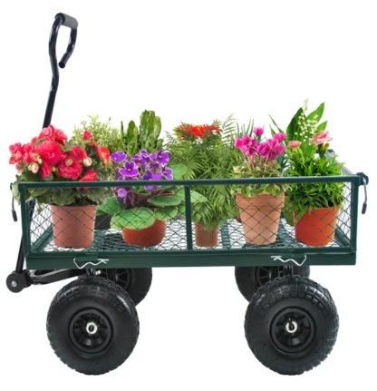 Kumix Wagon Cart, Foldable Garden Cart with Big Wheels, 650LBS Capacity, Utility Wagon with Mesh Metal Frame & Removable Sides, Green Garden Wagon, Heavy Duty Folding Metal Wagons for Yard