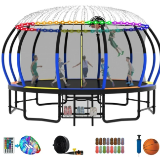 Kumix Trampoline 16FT, 1500LBS Trampoline for 9-10 Kids/ 4-5 Adults, Outdoor Trampoline with Enclosure, Basketball Hoop, Storage Bags and More Gifts, No Gap Design Pumpkin Recreational Trampoline