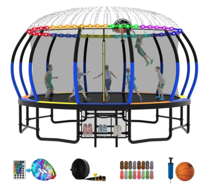 Kumix Trampoline 16FT, 1500LBS Trampoline for 9-10 Kids/ 4-5 Adults, Outdoor Trampoline with Enclosure, Basketball Hoop, Storage Bags and More Gifts, No Gap Design Pumpkin Recreational Trampoline