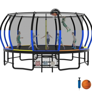 Kumix Trampoline 16FT, 1500LBS Trampoline for 9-10 Kids/ 4-5 Adults, Outdoor Trampoline with Enclosure, Basketball Hoop, Storage Bags and Ladder, No Gap Design Pumpkin Recreational Trampoline