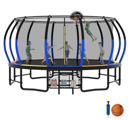 Kumix Trampoline 16FT, 1500LBS Trampoline for 9-10 Kids/ 4-5 Adults, Outdoor Trampoline with Enclosure, Basketball Hoop, Storage Bags and Ladder, No Gap Design Pumpkin Recreational Trampoline