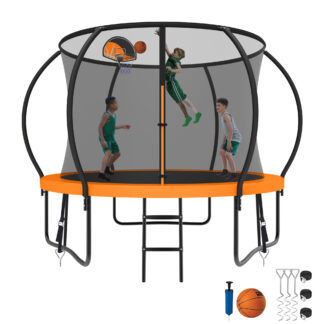 Kumix Trampoline 1000LBS 8 10 12 14 15 16FT Trampoline for Adults and Kids, Trampoline with Enclosure, Basketball Hoop, Wind Stakes, No Gap Design Galvanized Anti-Rust Outdoor Trampoline, Orange