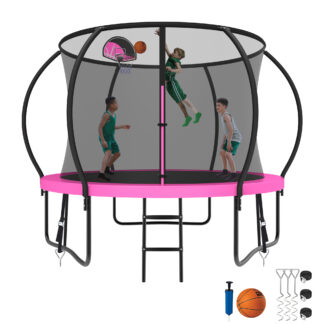 Kumix Trampoline 1000LBS 8 10 12 14 15 16FT Trampoline for Adults and Kids, Trampoline with Enclosure, Basketball Hoop, Wind Stakes, No Gap Design Galvanized Anti-Rust Outdoor Trampoline, Pink