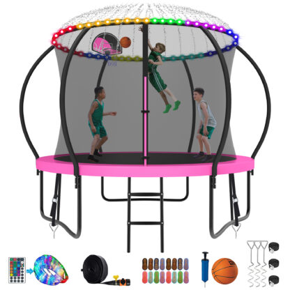 Kumix Trampoline 1000LBS 8 10 12 14 15 16FT Trampoline for Adults and Kids, Trampoline with Enclosure, Basketball Hoop, Wind Stakes and More Gifts, Galvanized Anti-Rust Outdoor Trampoline, Pink