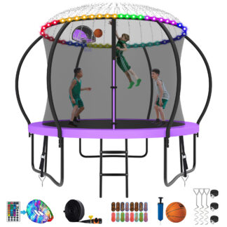 Kumix Trampoline 1000LBS 8 10 12 14 15 16FT Trampoline for Adults and Kids, Trampoline with Enclosure, Basketball Hoop, Wind Stakes and More Gifts, Galvanized Anti-Rust Outdoor Trampoline, Purple