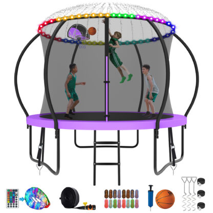 Kumix Trampoline 1000LBS 8 10 12 14 15 16FT Trampoline for Adults and Kids, Trampoline with Enclosure, Basketball Hoop, Wind Stakes and More Gifts, Galvanized Anti-Rust Outdoor Trampoline, Purple
