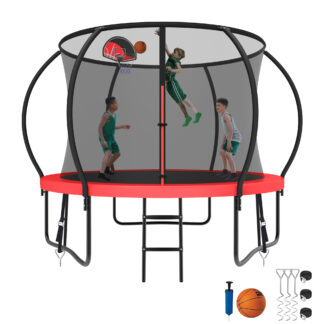 Kumix Trampoline 1000LBS 8 10 12 14 15 16FT Trampoline for Adults and Kids, Trampoline with Enclosure, Basketball Hoop, Wind Stakes, No Gap Design Galvanized Anti-Rust Outdoor Trampoline, Red