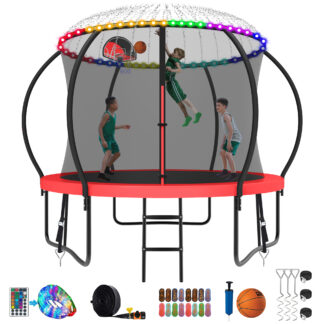 Kumix Trampoline 1000LBS 8 10 12 14 15 16FT Trampoline for Adults and Kids, Trampoline with Enclosure, Basketball Hoop, Wind Stakes and More Gifts, Galvanized Anti-Rust Outdoor Trampoline, Red