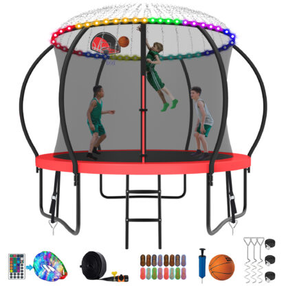 Kumix Trampoline 1000LBS 8 10 12 14 15 16FT Trampoline for Adults and Kids, Trampoline with Enclosure, Basketball Hoop, Wind Stakes and More Gifts, Galvanized Anti-Rust Outdoor Trampoline, Red