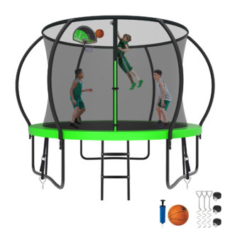 Kumix Trampoline 1000LBS 8 10 12 14 15 16FT Trampoline for Adults and Kids, Trampoline with Enclosure, Basketball Hoop, Wind Stakes, No Gap Design Galvanized Anti-Rust Outdoor Trampoline, Green