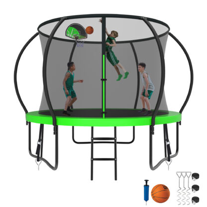 Kumix Trampoline 1000LBS 8 10 12 14 15 16FT Trampoline for Adults and Kids, Trampoline with Enclosure, Basketball Hoop, Wind Stakes, No Gap Design Galvanized Anti-Rust Outdoor Trampoline, Green