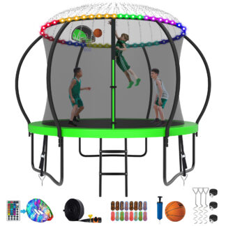 Kumix Trampoline 1000LBS 8 10 12 14 15 16FT Trampoline for Adults and Kids, Trampoline with Enclosure, Basketball Hoop, Wind Stakes and More Gifts, Galvanized Anti-Rust Outdoor Trampoline, Green