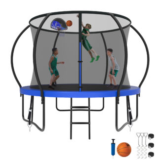 Kumix Trampoline 1000LBS 8 10 12 14 15 16FT Trampoline for Adults and Kids, Trampoline with Enclosure, Basketball Hoop, Wind Stakes, No Gap Design Galvanized Anti-Rust Outdoor Trampoline, Blue