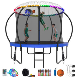 Kumix Trampoline 1000LBS 8 10 12 14 15 16FT Trampoline for Adults and Kids, Trampoline with Enclosure, Basketball Hoop, Wind Stakes and More Gifts, Galvanized Anti-Rust Outdoor Trampoline, Blue