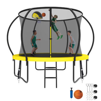 Kumix Trampoline 1000LBS 8 10 12 14 15 16FT Trampoline for Adults and Kids, Trampoline with Enclosure, Basketball Hoop, Wind Stakes, No Gap Design Galvanized Anti-Rust Outdoor Trampoline, Yellow